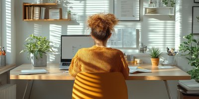 Woman working on laptop at home