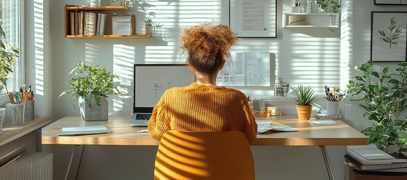 Woman working on laptop at home