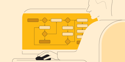 Illustration of man building email drip campaign on desktop