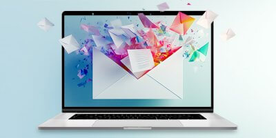 Laptop with futuristic envelopes bursting