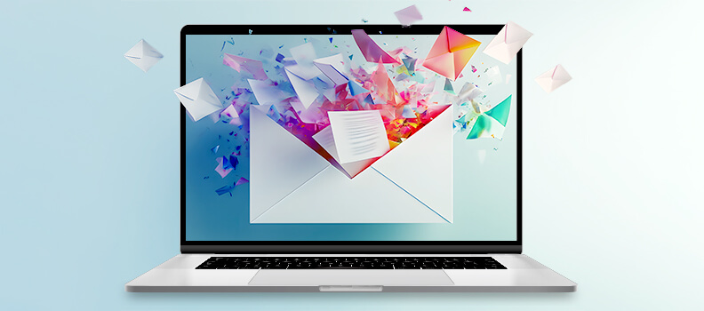 Laptop with futuristic envelopes bursting